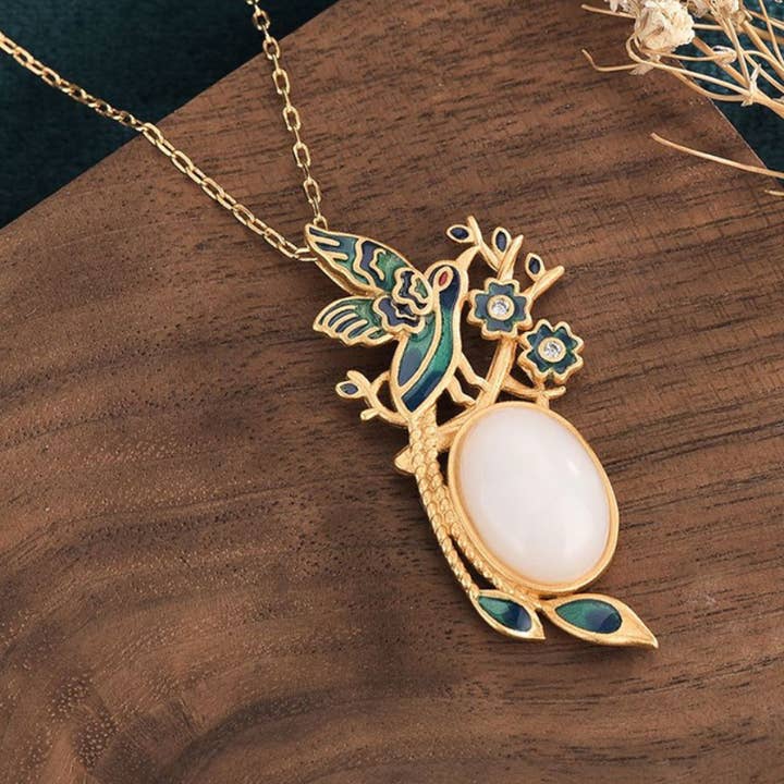 Bright MacMing - Wholesale Pendant/Charm Necklace - Enamel Hummingbird with White Jade Necklace4