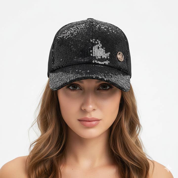 Gorra de béisbol negra con malla de lentejuelas en la parte trasera para venta al por mayor de VIA FIORE