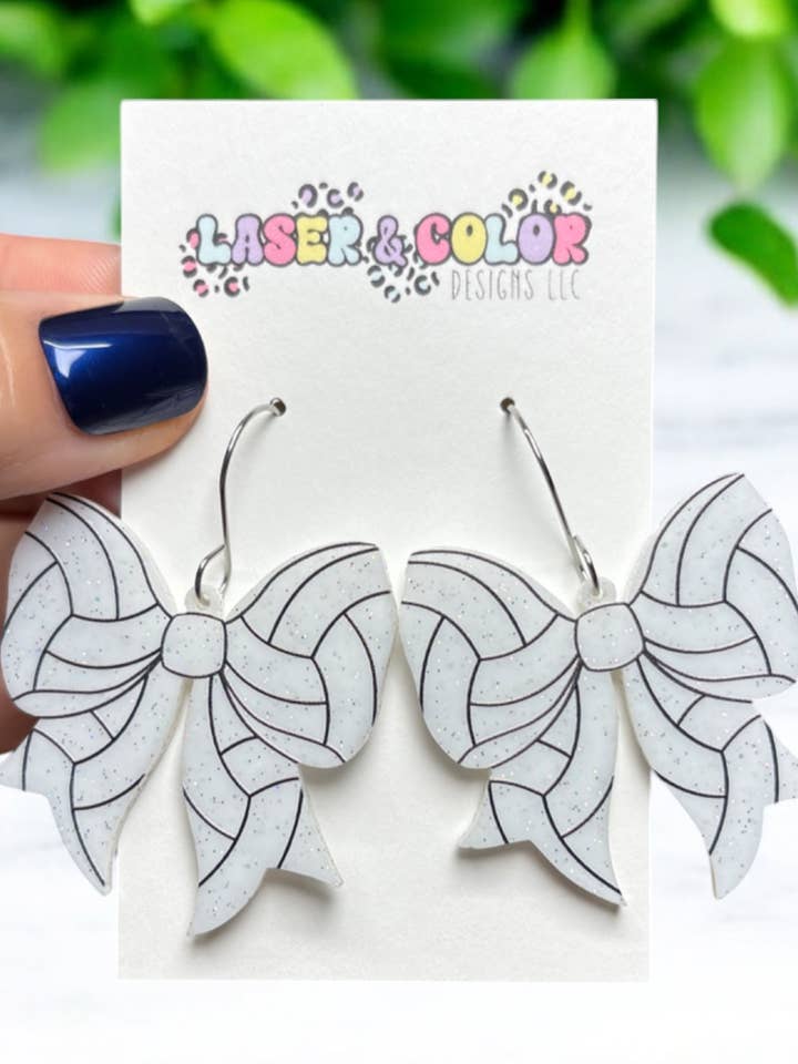 Volleyball Glitter Bow Earrings, Team Spirit Earrings for wholesale by Laser & Color Designs LLC
