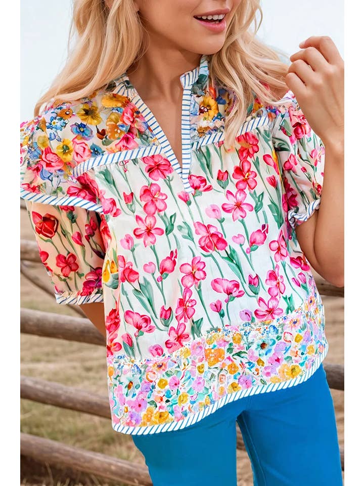 fashionworks - Wholesale Blouse - Women's - Fashion Floral Striped Detail Split Neck Short Sleeve Blouse
