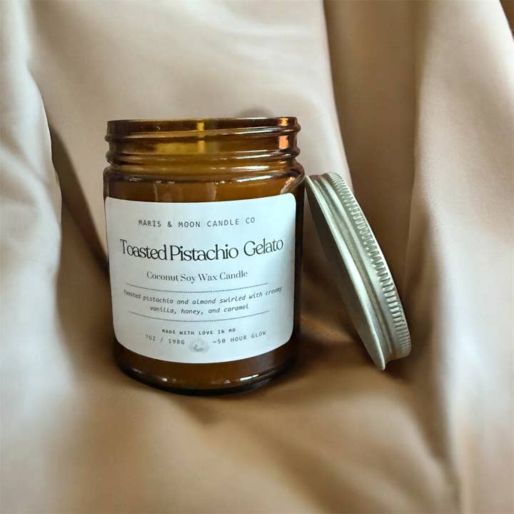Maris & Moon Candle Co. - Wholesale Jar/Filled Candle - Toasted Pistachio Gelato candle Amber glass Fall2