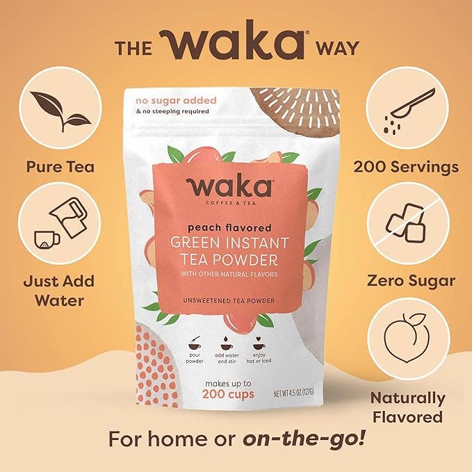 Waka Coffee & Tea - Wholesale Health/Detox Tea - Unsweetened Peach Flavored Green Instant Tea 4.5 oz Bag2