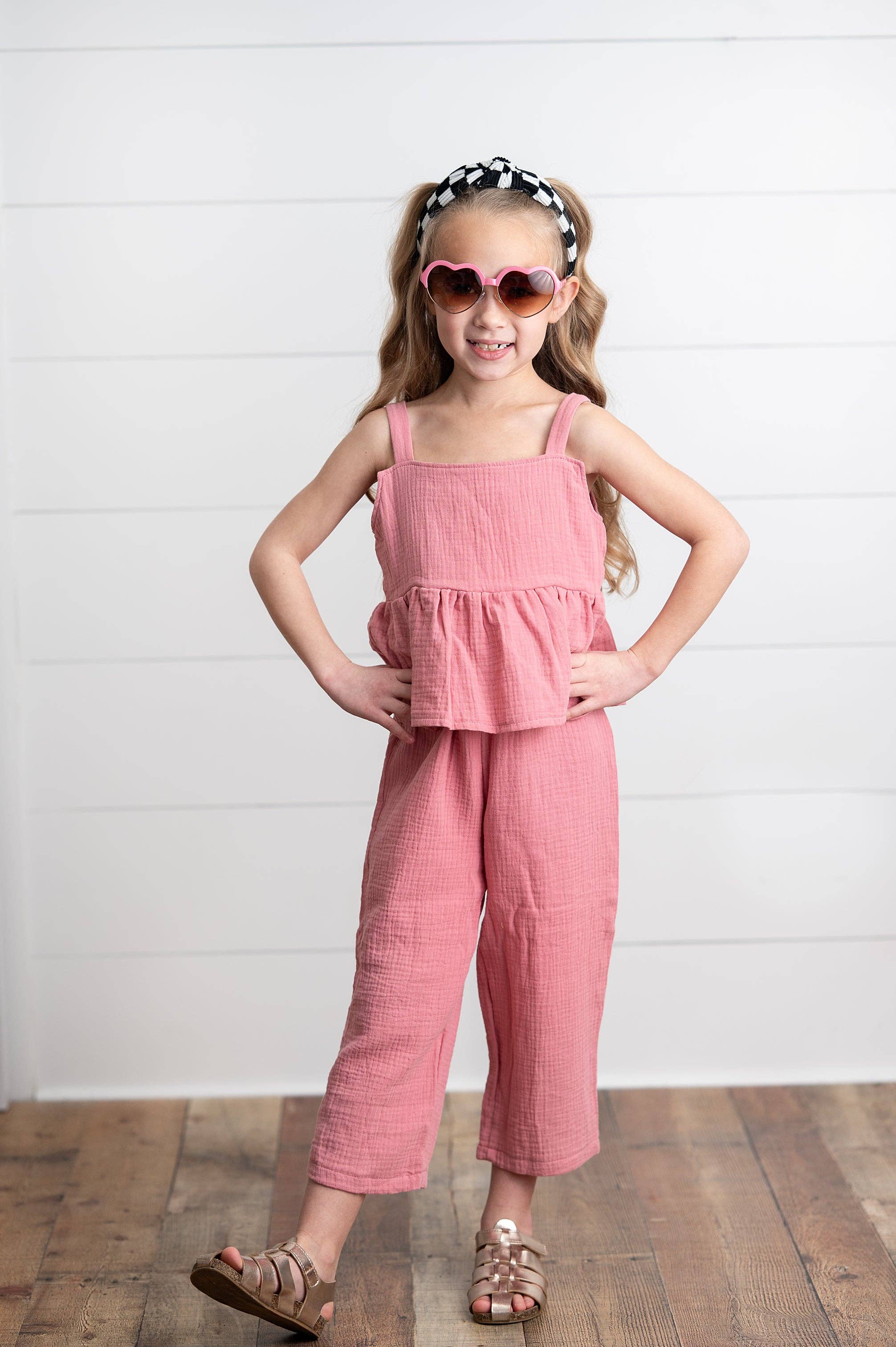 Wren & James - Wholesale Top & Pant Set - Kids - Girls Dusty Pink Gauze Weave Ruffle Spring Summer Set1