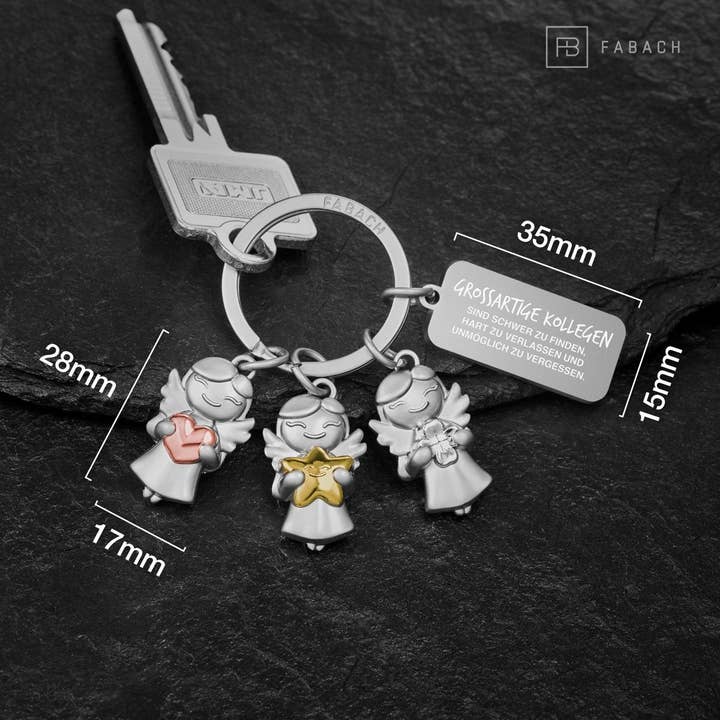 FABACH – Die Schlüsselanhänger-Schmiede - Vente Porte-clés – unisexe - Porte-clés « 3 étoiles » en forme d'ange gardien - porte-bonheur en forme d'ange avec gravure « Les collègues géniaux sont difficiles à trouver »3