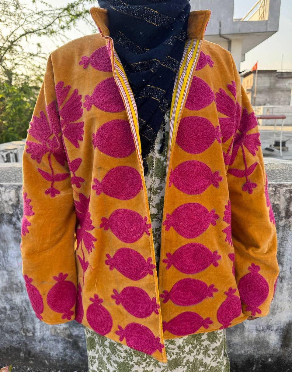 bhavnas boutique - Wholesale Jacket - Women's - Orange Velvet Kimono Robe Floral Embroidery Velvet Jackets