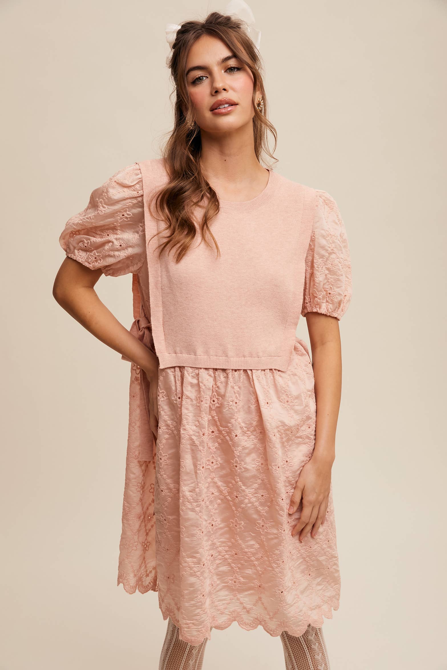 Listicle - Wholesale Dress - Women's - Embroidered Puff Sleeve Dress with Knit Vest1