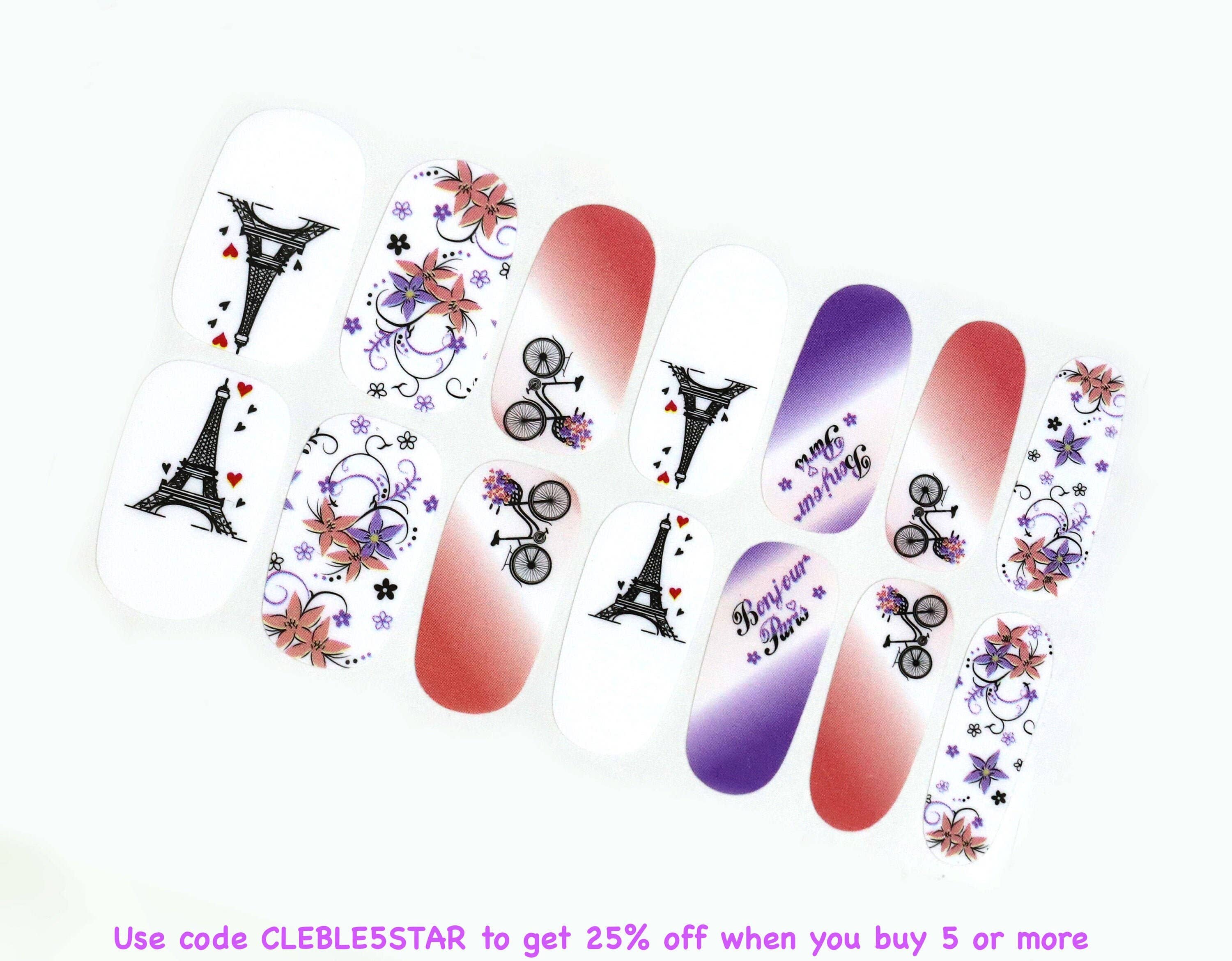 ClebleNails - Vendita all'ingrosso Nail art/decalcomania unghie - Spring Paris Nail Wraps/Strisce di smalto floreale rosa pastello Ombre Donna/Adesivi per unghie Torre Eiffel Europa/Impacchi per unghie Manicure con fiori1