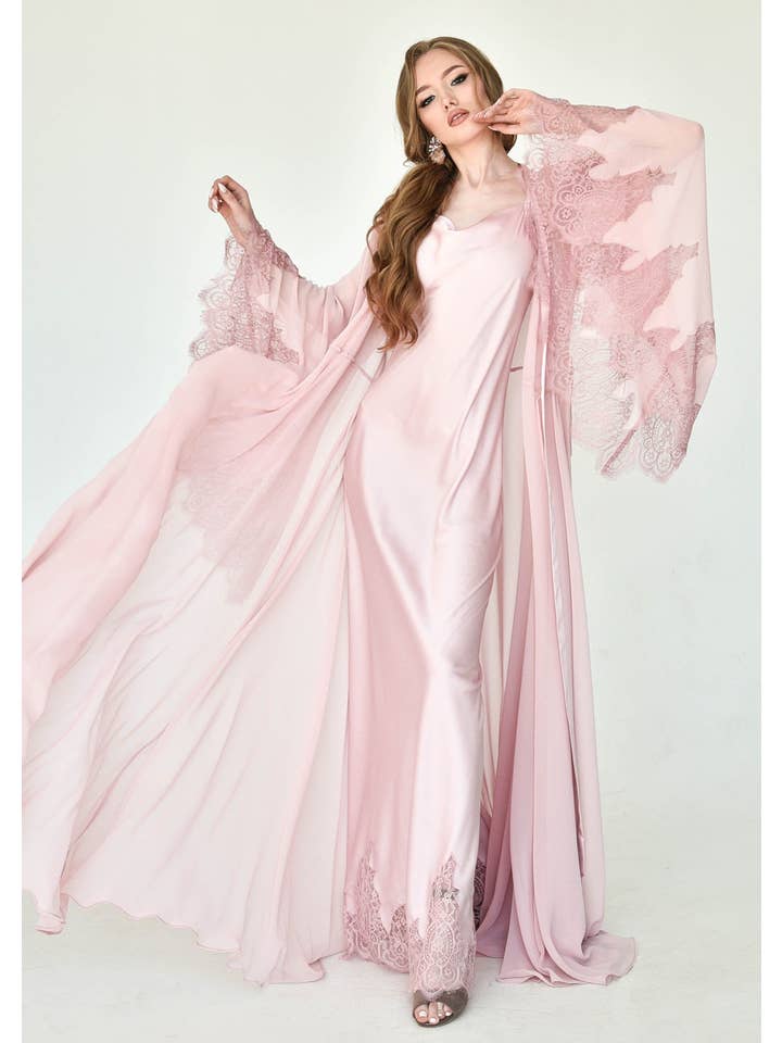 KÂFEMME and Co - Wholesale Robe - Women's - Dreamer Chiffon Robe and Nightgown Set - Blue, Pink, Black0