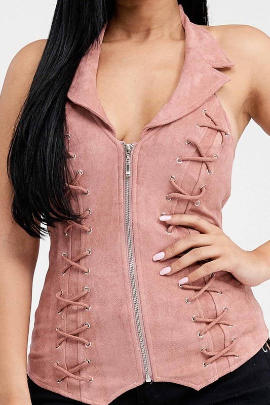 Lydia USA - Wholesale Blouse - Women's - Lace Up Collar Halter Suede Top8