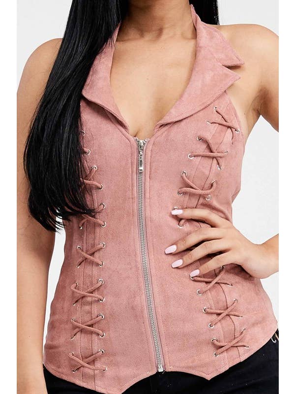 Lydia USA - Wholesale Blouse - Women's - Lace Up Collar Halter Suede Top8