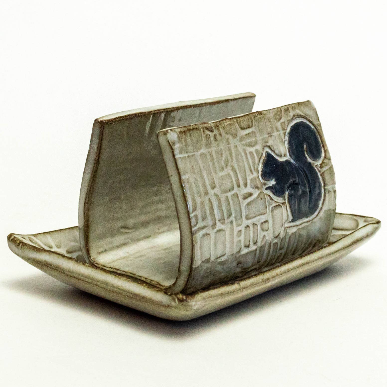 White Squirrel Clayworks - Vente Porte-éponge - Porte-éponge blanc en céramique fait main à motif écureuil noir2