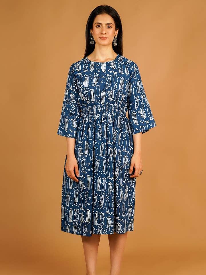 Jaipur Cotton Blue Midi Dress for wholesale by INDOPHILIA