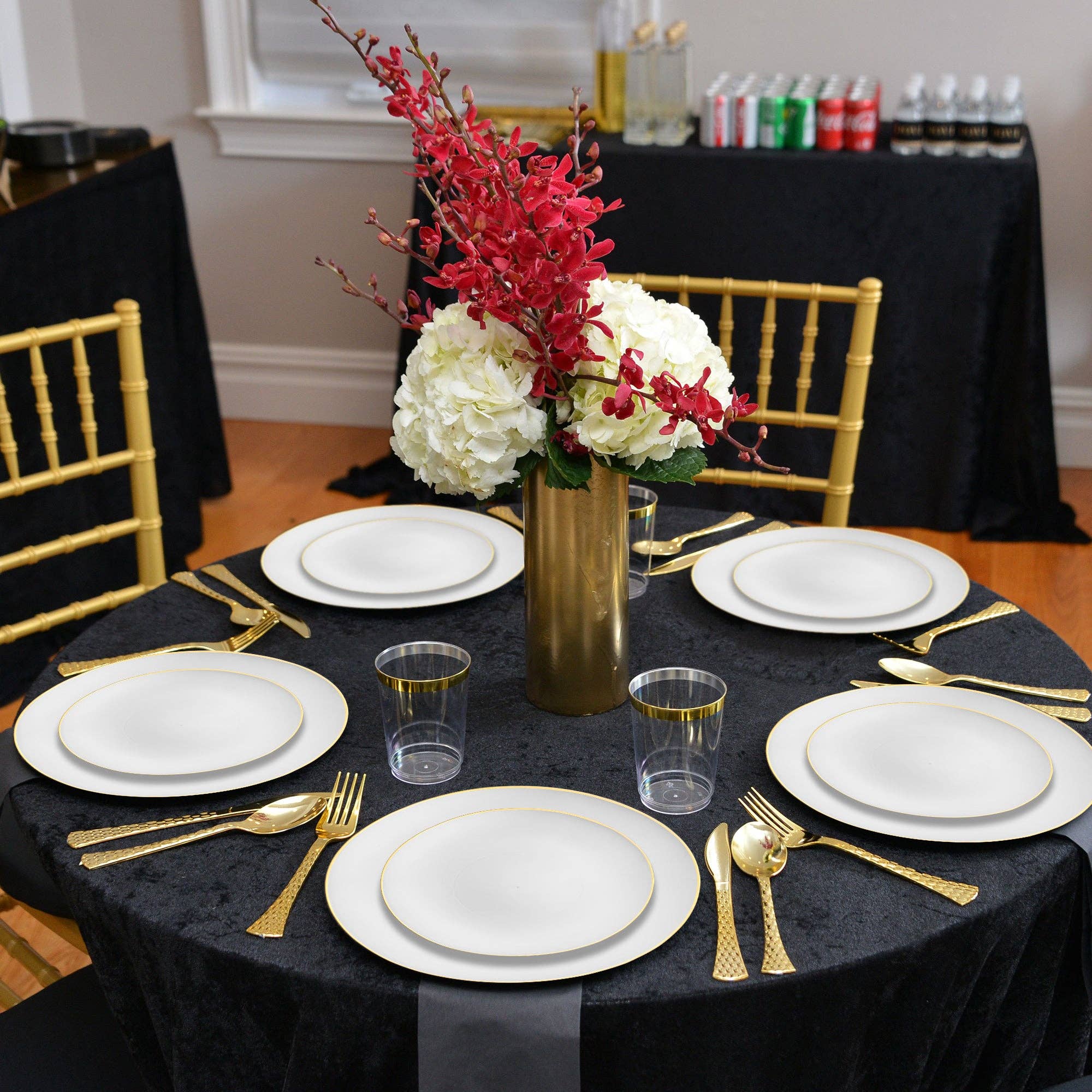 Smarty had a Party - Wholesale Dinnerware Set - White with Gold Rim Organic Plastic Dinnerware - 120 Guests9