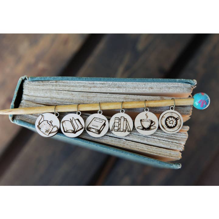 Maple Wood Knitting Stitch Markers Books & Coffee Set of 6 for wholesale by Sunrise Grove