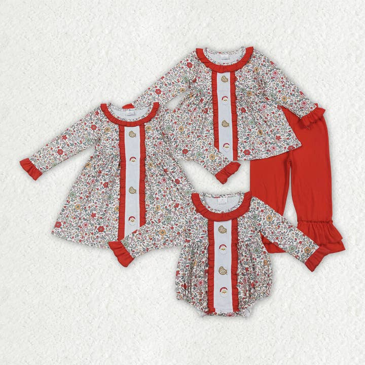 Fratrie Broderie Père Noël Biscuit Bébés Filles Vêtements de Noël Floraux Ensembles Barboteuses Robes Longueur Genou pour la vente par Aier Wholesale