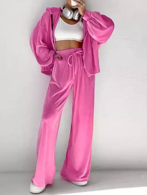 Sloucy fall velvet hoodie sweatshirt & wide-leg pants set for wholesale by Rosa Clothing