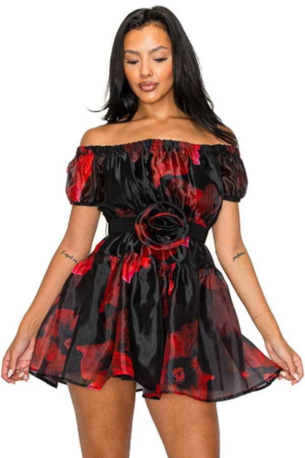 Miss Avenue - Vente Robe – femme - DM3812 ORGANZA FLORAL À ÉPAULES DÉNUDÉES AVEC ROBE CEINTURÉE11