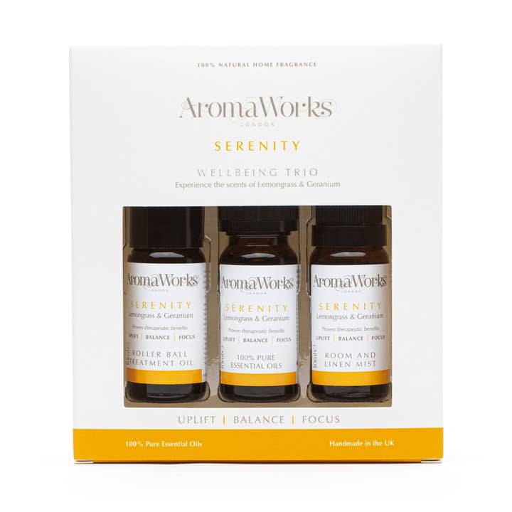 Serenity Wellbeing Trio 3 prodotti da 10 ml per la vendita all'ingrosso da parte di AromaWorks London