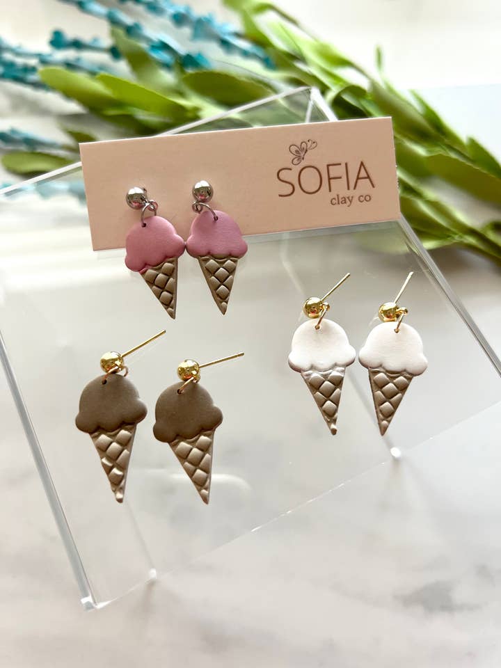 Ice Cream Dangles, Summer Earrings, Handmade, Clay Earrings for wholesale by Sofia Clay Co.