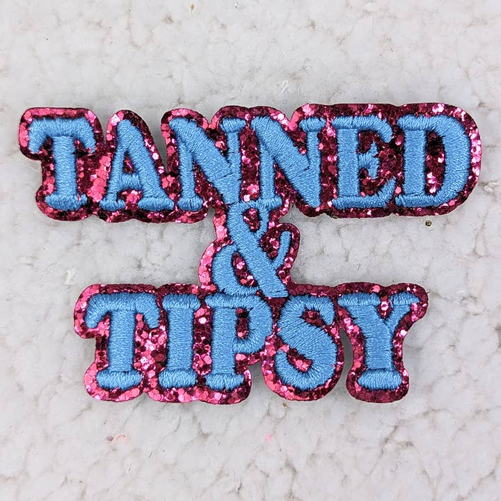 Tanned & Tipsy Embroidered Glitter HAT/POCKET Patch for wholesale by Trendy Transfers