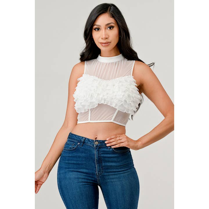 Top de malla con volantes y cuello fruncido para venta al por mayor de French Kiss