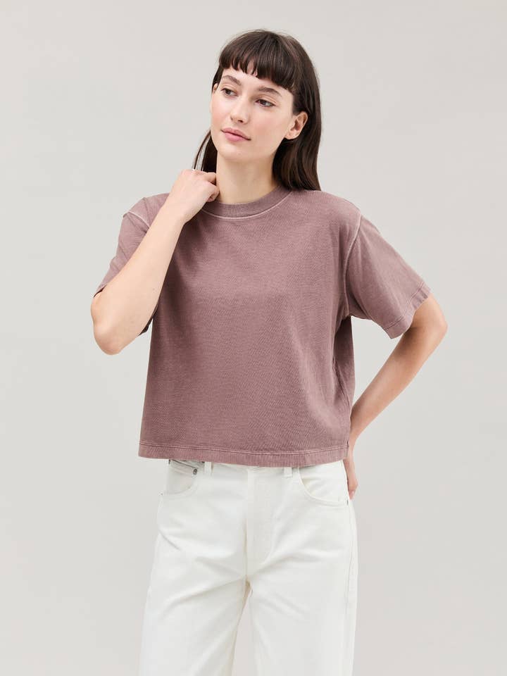 Womens Relaxed Crop Tee - Pigment Dye Jersey - Plum Smoke for wholesale by Andie Swim