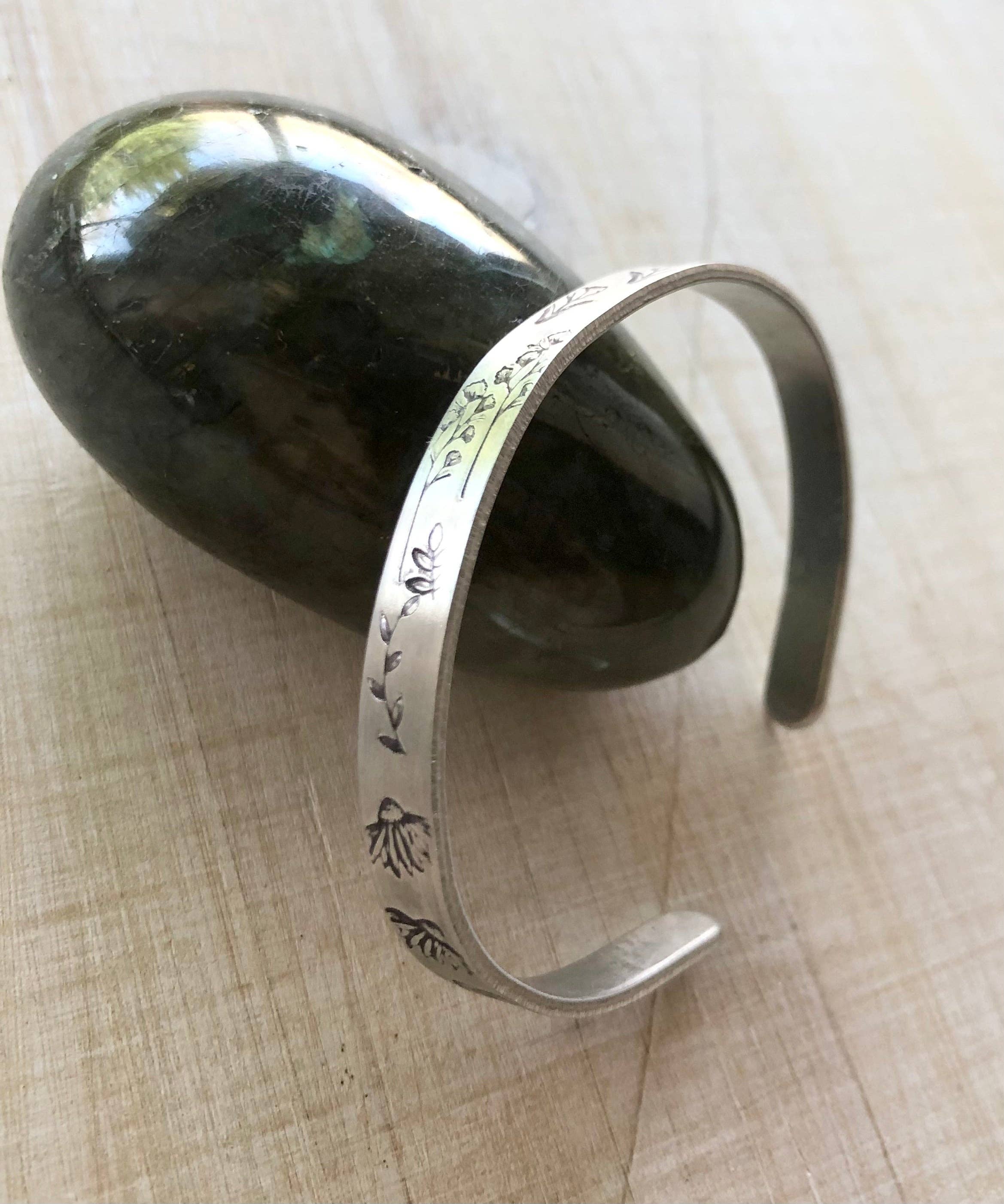 Rising Dawn Boutique – wholesale Cuff bracelet – Silver cuff with hand stamped wildflowers, skinny version6