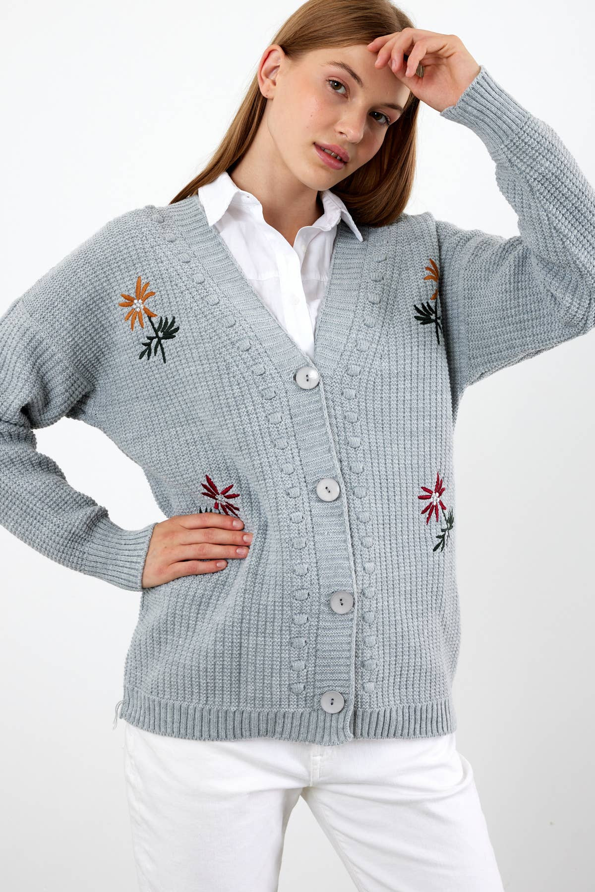 VAV NEW YORK - Vente Cardigan – femme - Cardigan en tricot à fleurs Cardigan en tricot mi-long - 381010