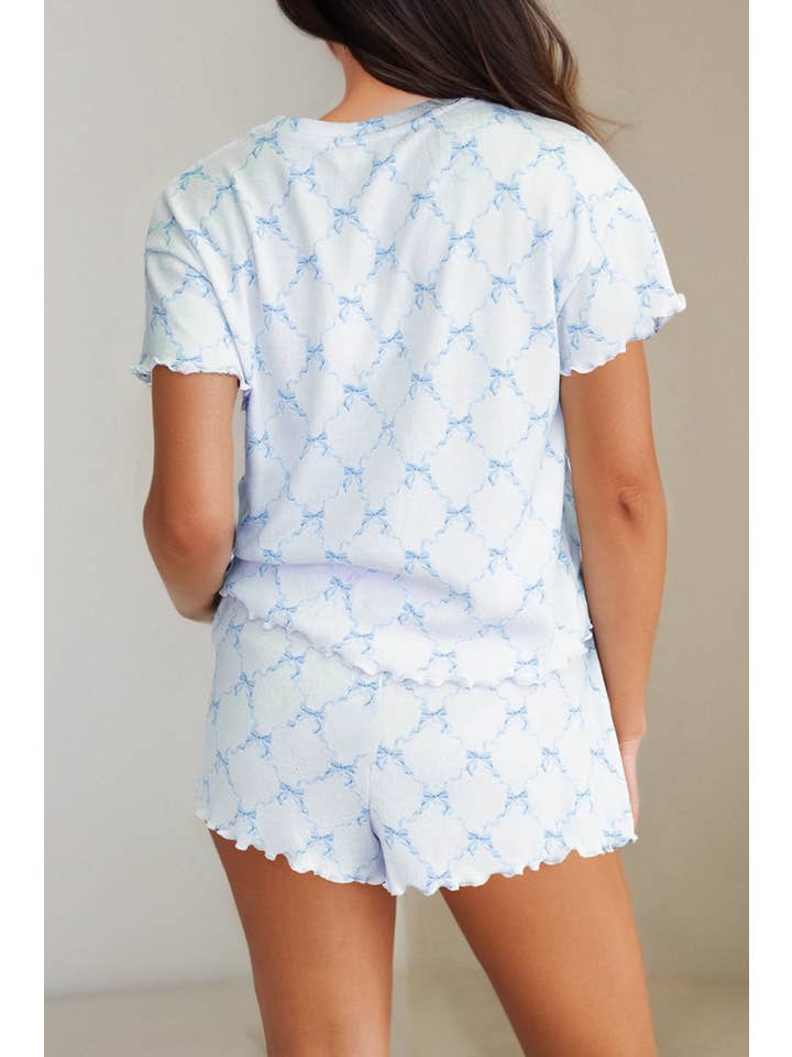 LA Society - Wholesale Lounge Set - Women's - Bow Knot Geometric Print Lettuce Trim Two Piece Lounge Set