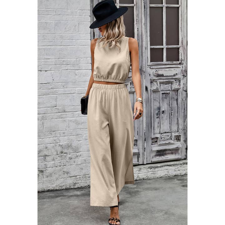 khaki Two Pieces Side Open Pockets Sleeveless Sets for wholesale on Faire