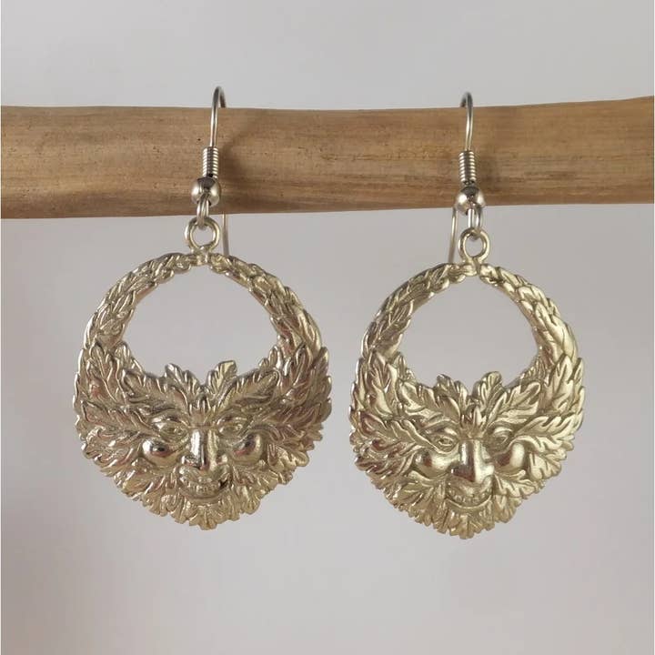 Green Man Earrings ~ White brass & surgical steel ear wires for wholesale by Ajmer by Jodi