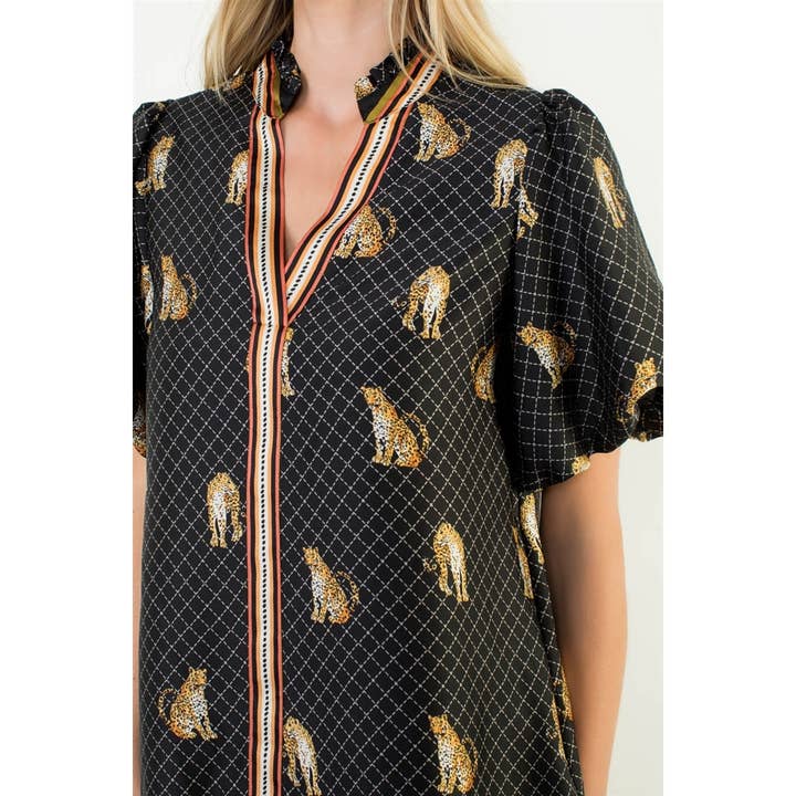 BLACK Puff Sleeve Leopard Print V-Neck Dress for wholesale on Faire3