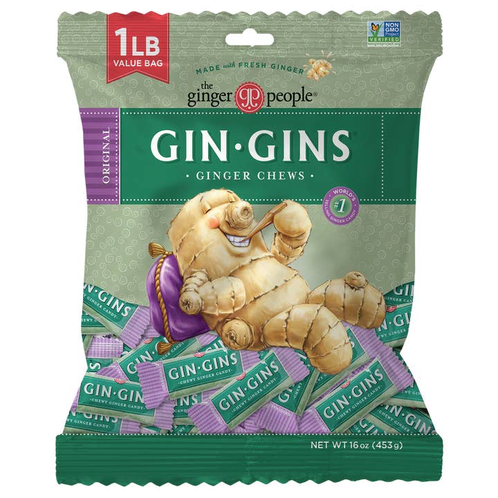 GIN GINS Original Chewy Ginger Candy, 16 oz Bags (12pk) for wholesale by The Ginger People