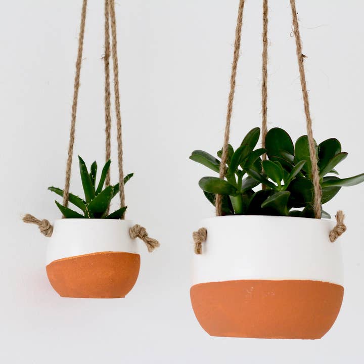 Sprout & About - Wholesale Hanging Planter - Small Burnt Orange Ceramic Hanging Planter Pot in White