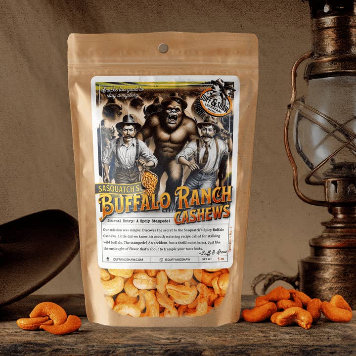 Sasquatch's Buffalo Ranch Cashews for wholesale by Duff & Shaw - Legendary Snacks