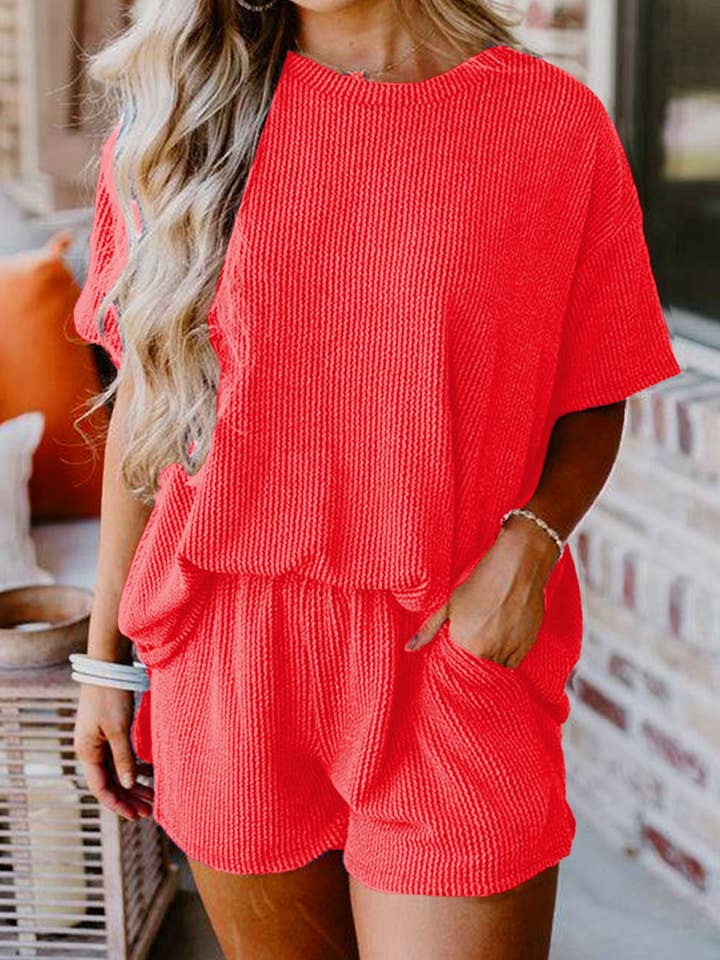 Orangefarbenes, geripptes, strukturiertes, locker sitzendes T-Shirt- und Shorts-Set für den Großhandel von EG fashion