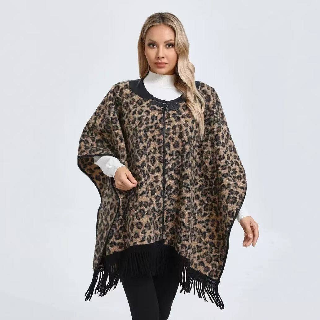 PEACH ACCESSORIES - Wholesale Poncho - Dames - Luipaardprint poncho met kwastjes PE3954