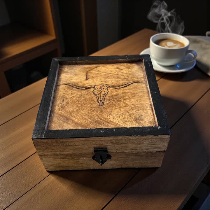 Wilco Home - Wholesale Jewellery box/organiser - Branding Iron Longhorn Skull Laser-Etched Wood Jewelry Box2