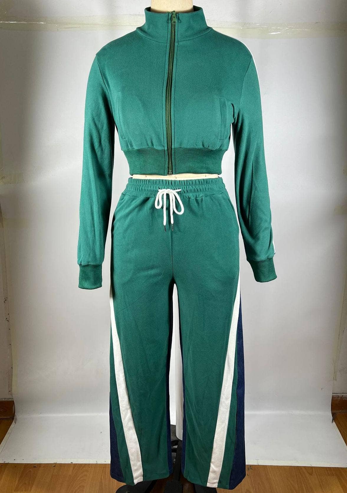 HIDDENBRAND - Wholesale Top & Pant Set (NOT Loungewear) - Women's - Long sleeves zip patchwork crop jacket pants set 2 pcs5