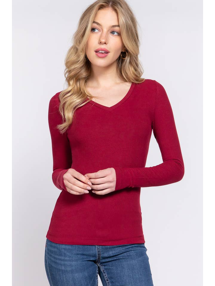 Active Basic | Active USA – Top de malha - Mulher por atacado – Top de malha de manga comprida com decote em V em Rayon 22