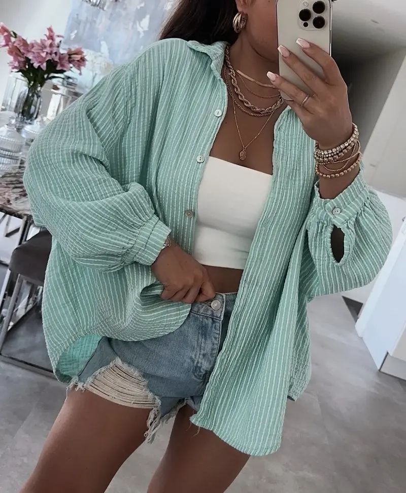 ESTEE BROWN - Wholesale Button Down Shirt - Women's - Printed cotton gauze striped shirt - 6218-22