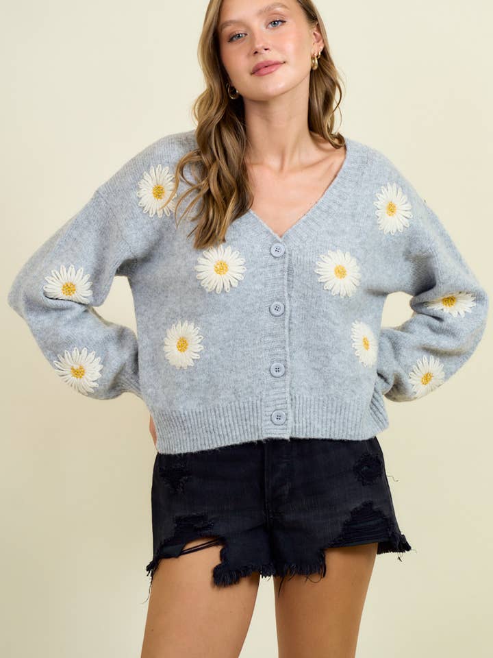 FLORAL APPLIQUE BUTTON DOWN SWEATER CARDIGAN - 10786J for wholesale by Doe and Rae