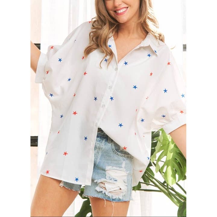 10048 LIGHT WEIGHT STAR PRINTS BUTTON DOWN SHIRT for wholesale by Coloring You