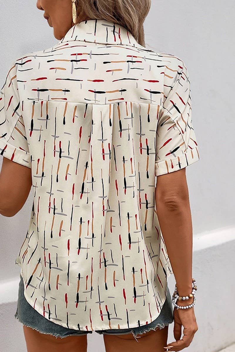 WHITE CWTSTS0516_CONTRAST LAPEL LINE PRINT SHORT SLEEVE SHIRT for wholesale on Faire2