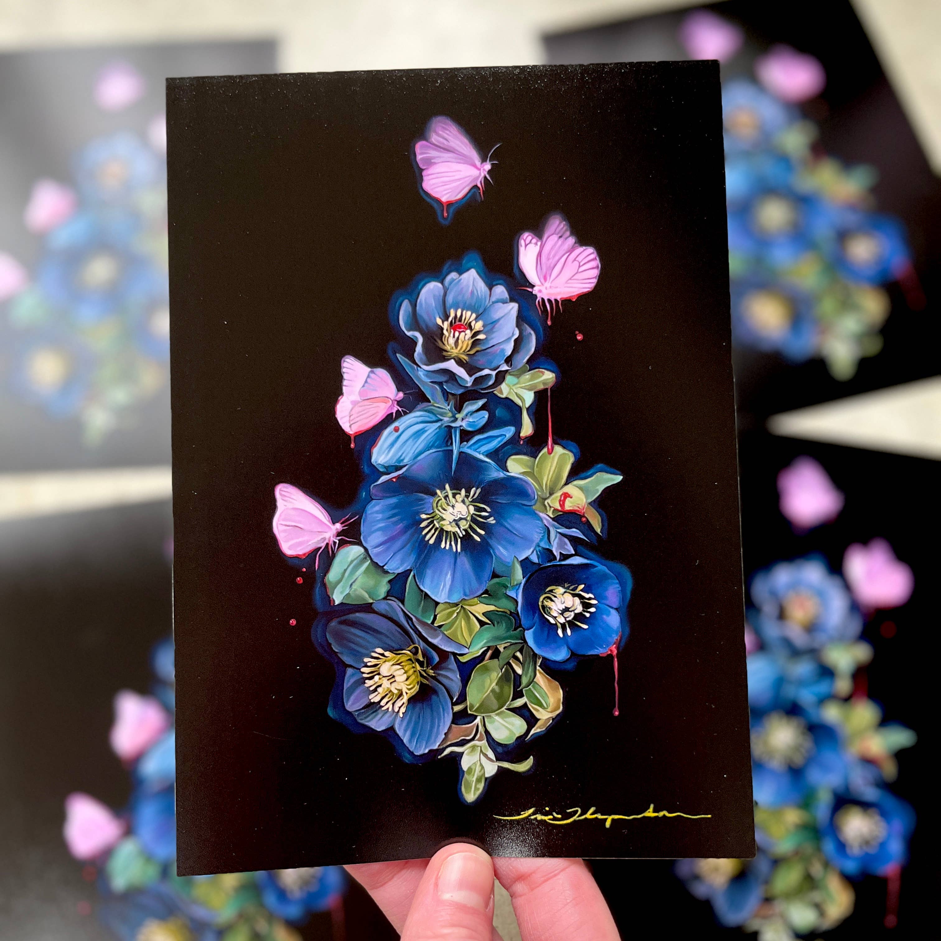 Trisha Thompson Adams - Wholesale Art Print - Blooderflies and Hellebores Dark Garden Botanical Art Print9