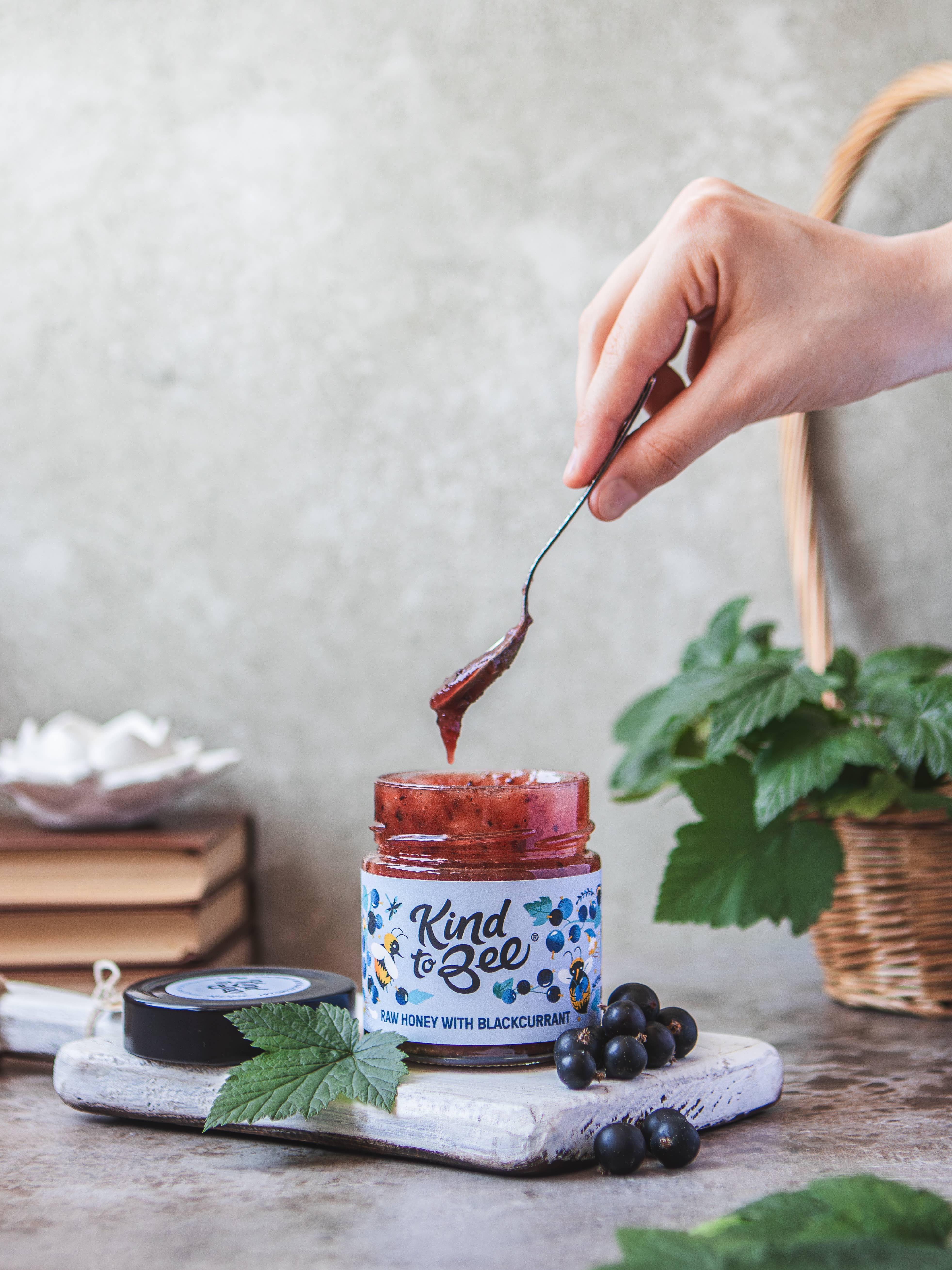 Kind to Bee - Wholesale Honey - Raw Honey with Blackcurrant, Cruelty-Free, glass jar2