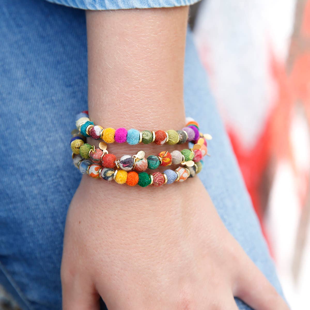 WorldFinds - Wholesale Beaded Bracelet - Kantha Pom Pom Bracelet1
