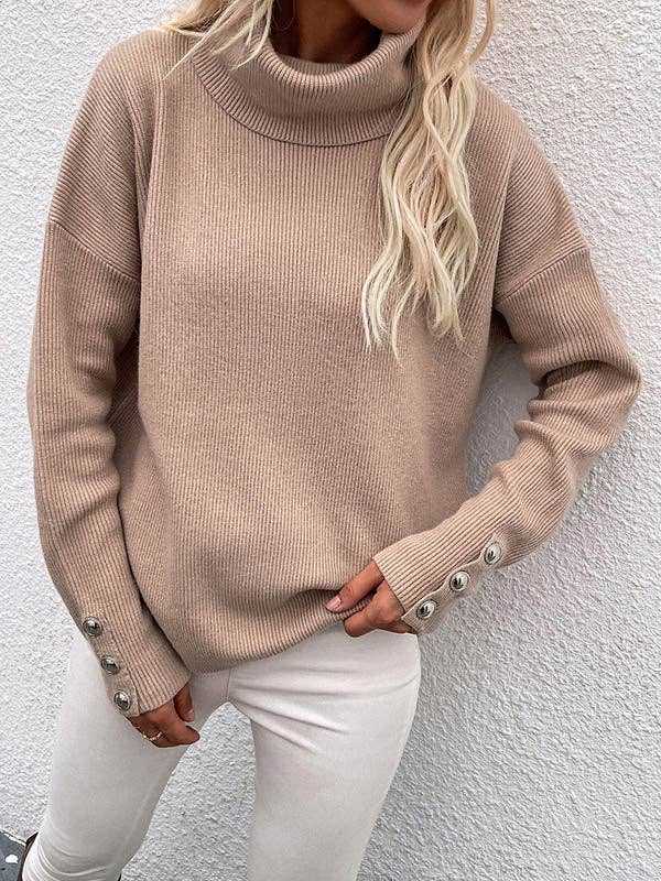 Sheer Trend - Wholesale Knit Sweater - Women's - Casual Loose Solid Color High-Neck Long Sleeves Knitwear17
