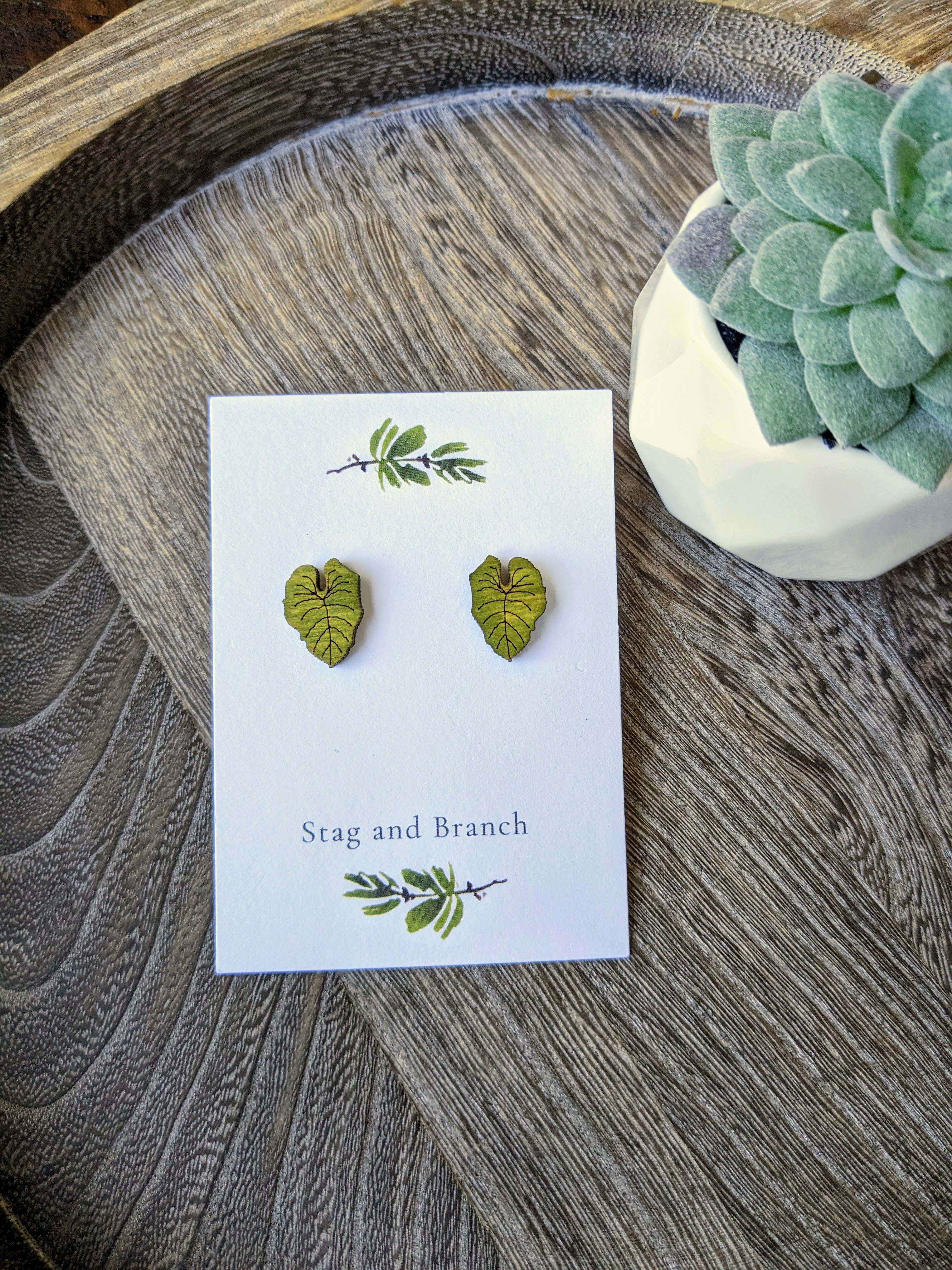Stag and Branch - Wholesale Stud/Post Earrings - Mini Philodendron Leaf Stud Earrings | Handmade Wood Jewelry