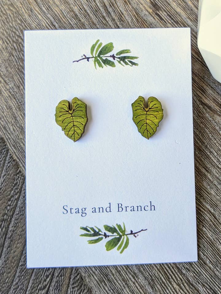 Mini Philodendron Leaf Stud Earrings | Handmade Wood Jewelry for wholesale by Stag and Branch